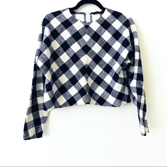 Zara Tops - ZARA Blue & White Gingham Plaid Crop Long Sleeve